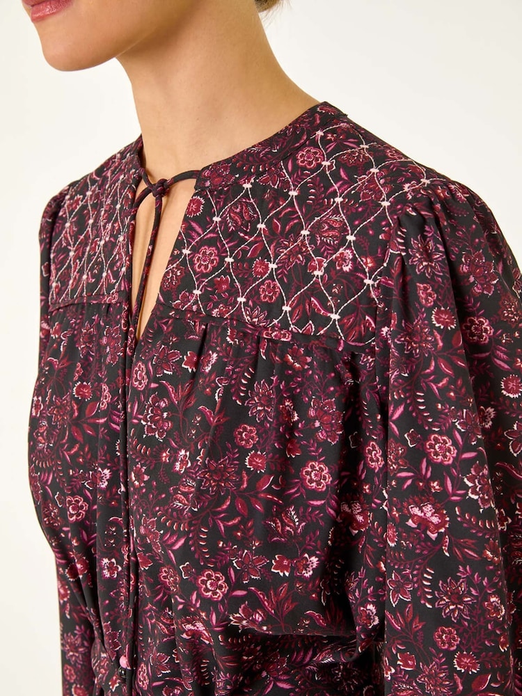 Roman Pink Floral Print Quilted Midi Dress - Image 5 of 5