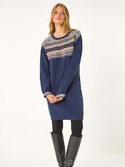 Roman Blue Nordic Pattern Knitted Shift Dress - Image 1 of 5