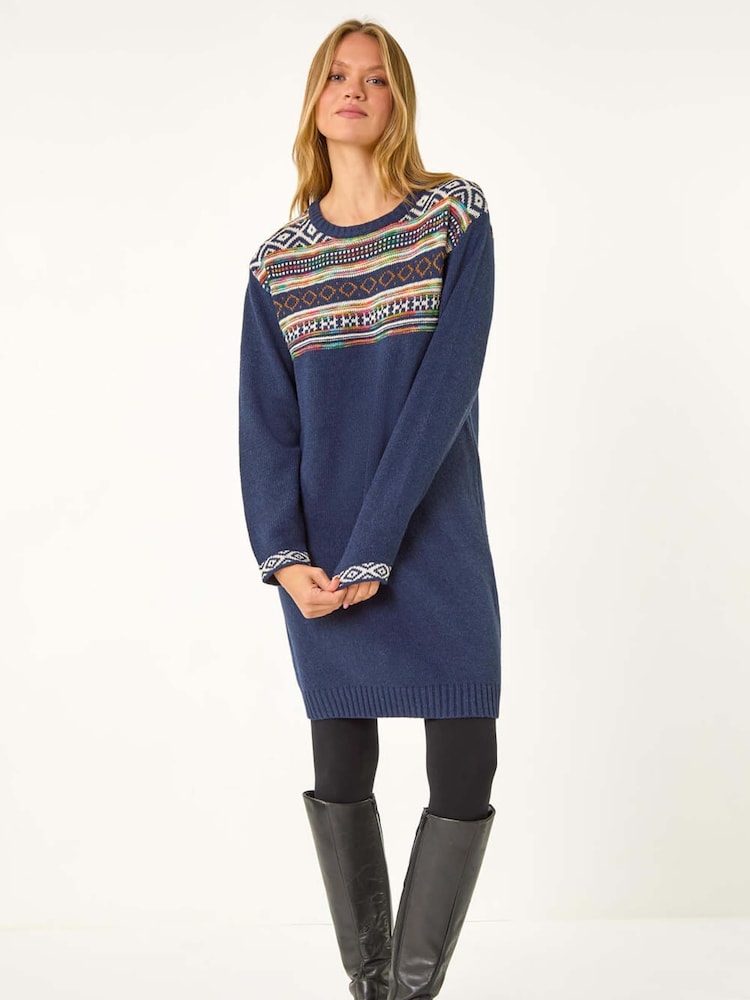 Roman Blue Nordic Pattern Knitted Shift Dress - Image 1 of 5