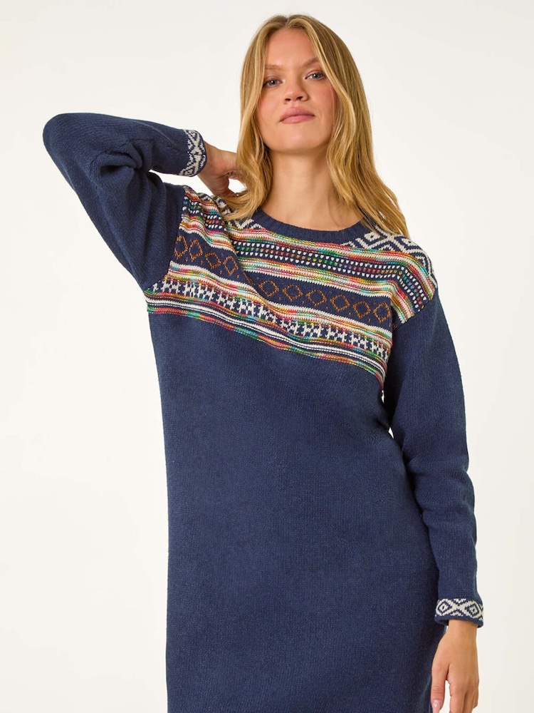 Roman Blue Nordic Pattern Knitted Shift Dress - Image 2 of 5