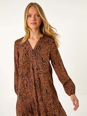 Roman Brown Animal Print Pintuck Smock Dress - Image 1 of 5