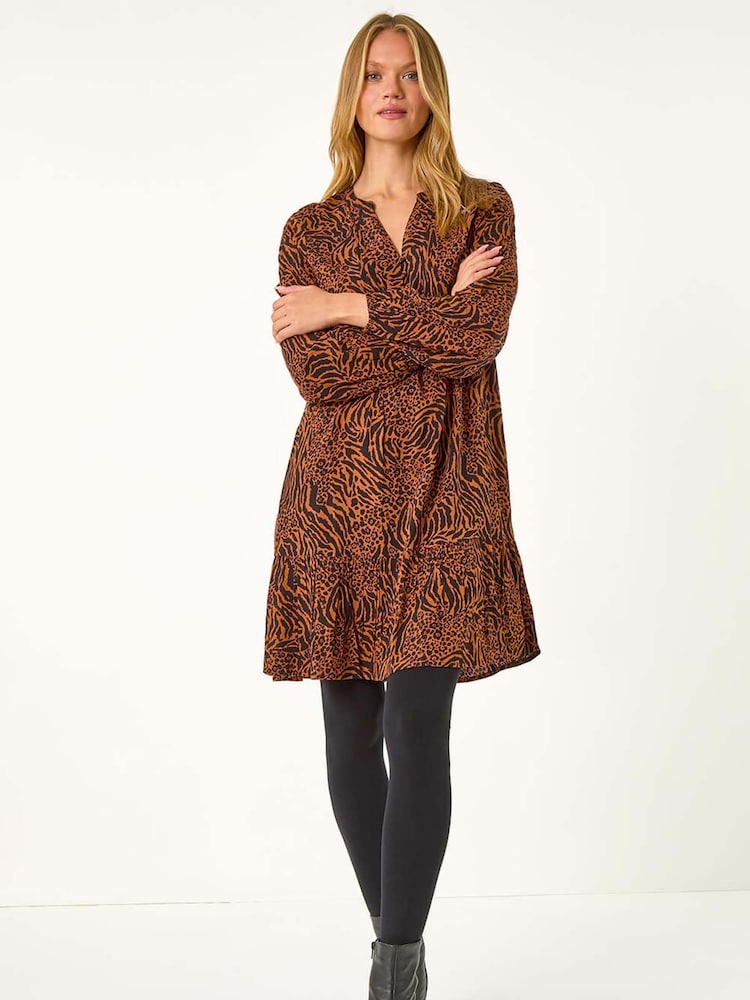 Roman Brown Animal Print Pintuck Smock Dress - Image 2 of 5