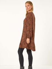 Roman Brown Animal Print Pintuck Smock Dress - Image 3 of 5