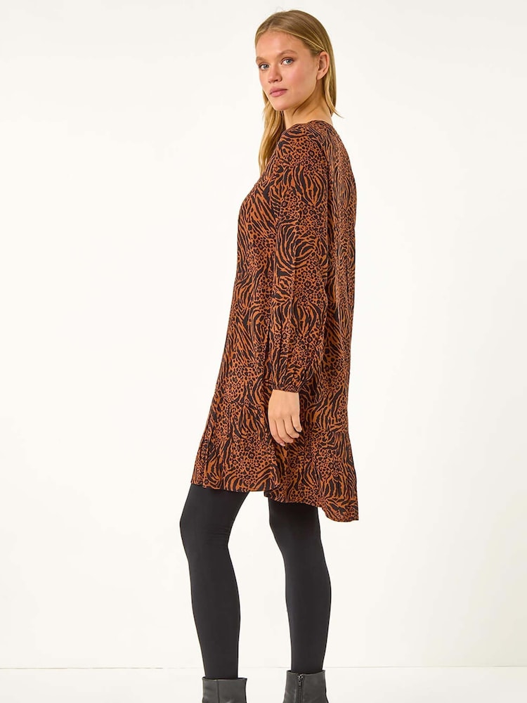 Roman Brown Animal Print Pintuck Smock Dress - Image 3 of 5
