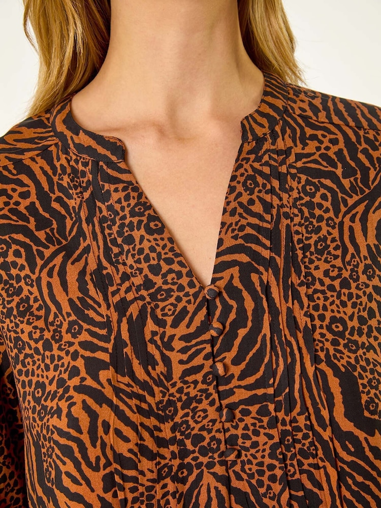 Roman Brown Animal Print Pintuck Smock Dress - Image 5 of 5