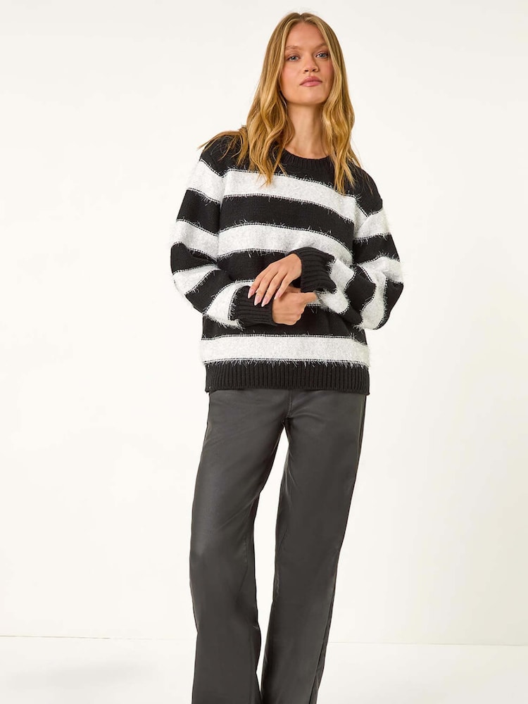 Roman Black Crew Neck Stripe Knit Jumper - Image 2 of 5 Roman Black Crew Neck Stripe Knit Jumper - Image 2 of 5