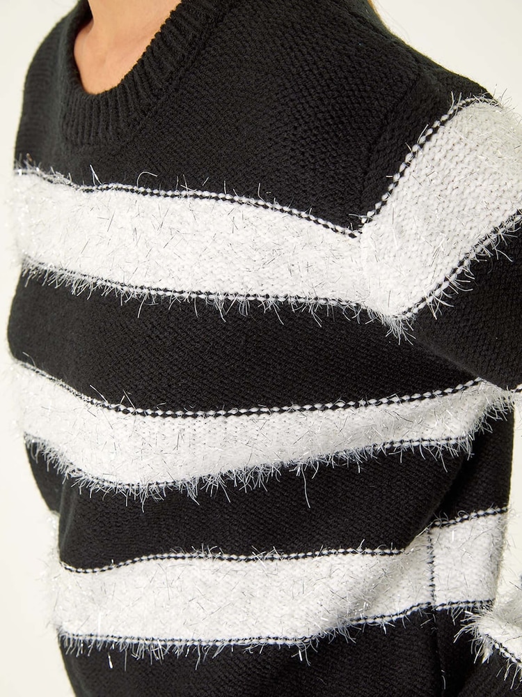 Roman Black Crew Neck Stripe Knit Jumper - Image 5 of 5 Roman Black Crew Neck Stripe Knit Jumper - Image 5 of 5