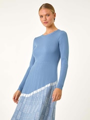 Roman Blue Pleated Border Ribbed Knit Dress - Image 1 of 5