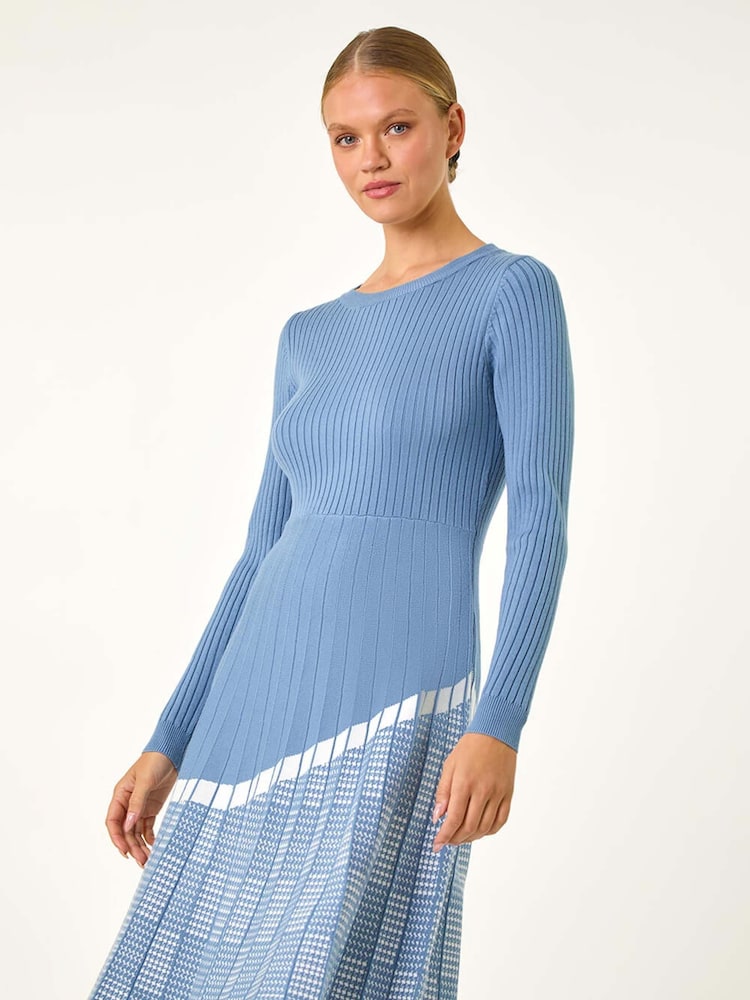 Roman Blue Pleated Border Ribbed Knit Dress - Image 1 of 5