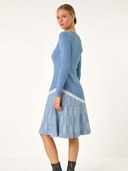 Roman Blue Pleated Border Ribbed Knit Dress - Image 2 of 5