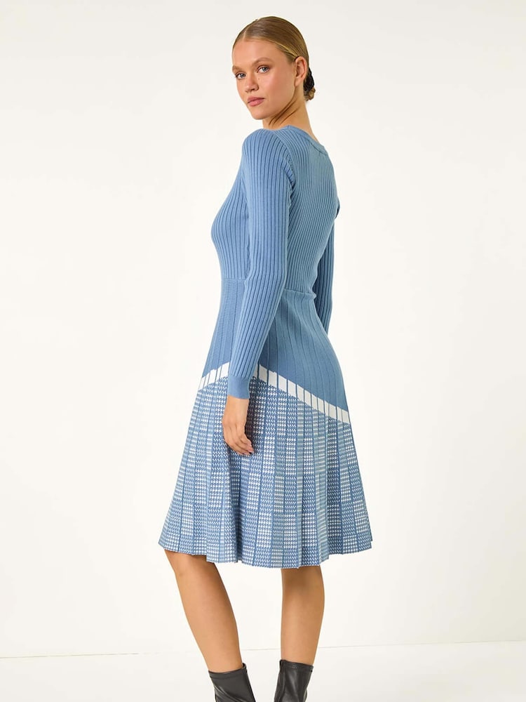 Roman Blue Pleated Border Ribbed Knit Dress - Image 2 of 5