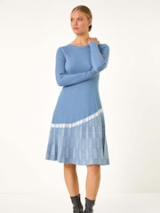 Roman Blue Pleated Border Ribbed Knit Dress - Image 3 of 5