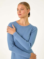 Roman Blue Pleated Border Ribbed Knit Dress - Image 4 of 5