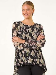 Roman Black Floral Print Pleated Top - Image 1 of 5