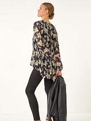 Roman Black Floral Print Pleated Top - Image 2 of 5