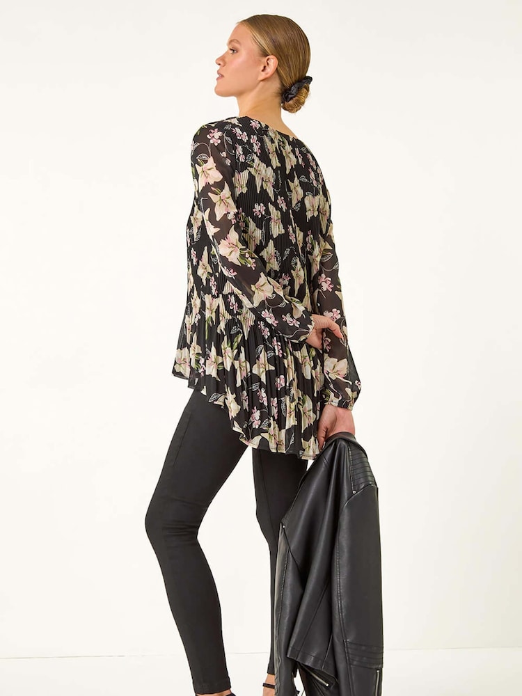 Roman Black Floral Print Pleated Top - Image 2 of 5