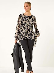 Roman Black Floral Print Pleated Top - Image 3 of 5