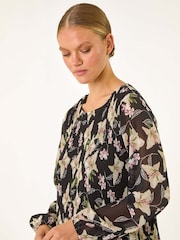 Roman Black Floral Print Pleated Top - Image 4 of 5