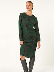 Roman Green Textured Swirl Pattern Stretch Midi Dress - Image 1 of 5