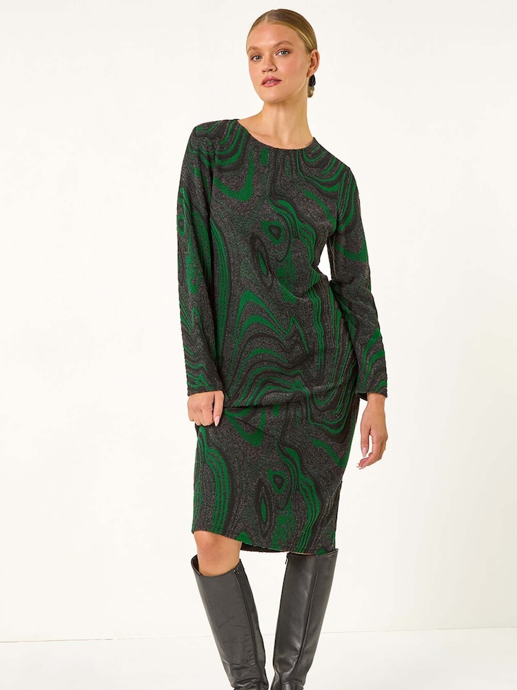 Roman Green Textured Swirl Pattern Stretch Midi Dress - Image 1 of 5