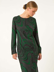 Roman Green Textured Swirl Pattern Stretch Midi Dress - Image 2 of 5