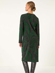 Roman Green Textured Swirl Pattern Stretch Midi Dress - Image 3 of 5