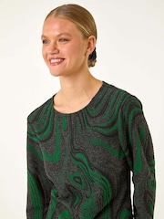 Roman Green Textured Swirl Pattern Stretch Midi Dress - Image 4 of 5