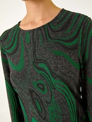 Roman Green Textured Swirl Pattern Stretch Midi Dress - Image 5 of 5