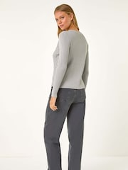 Roman Grey Button Front Short Knit Cardigan - Image 3 of 5