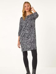 Roman Grey Paisley Button Detail Shift Dress - Image 1 of 5
