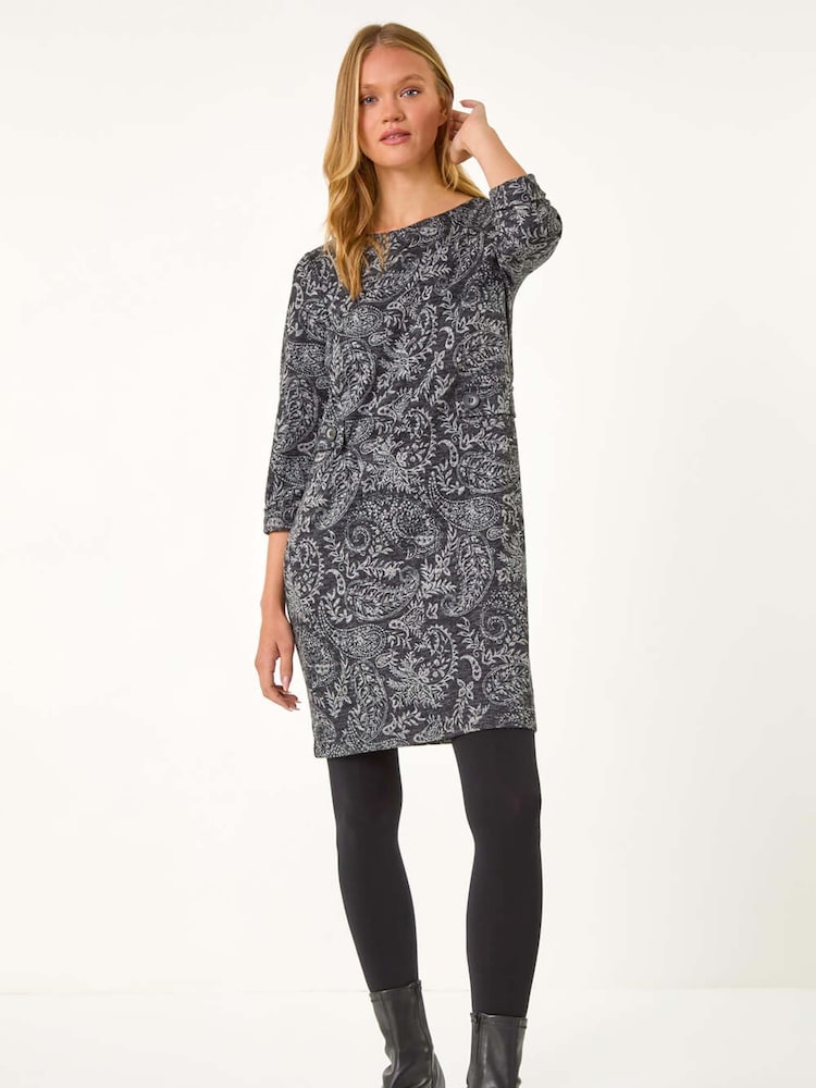 Roman Grey Paisley Button Detail Shift Dress - Image 1 of 5