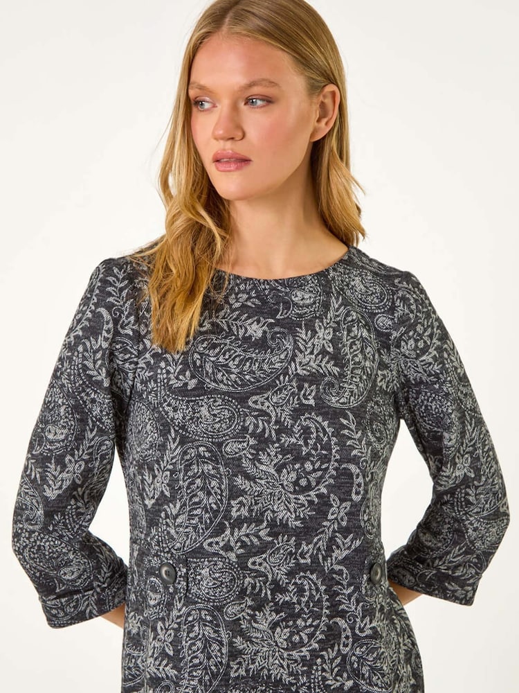 Roman Grey Paisley Button Detail Shift Dress - Image 4 of 5