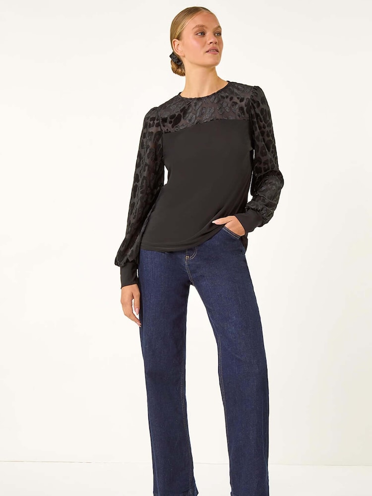 Roman Black Animal Print Velvet Puff Sleeves Jersey Top - Image 1 of 5