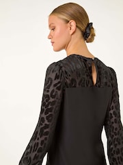 Roman Black Animal Print Velvet Puff Sleeves Jersey Top - Image 2 of 5