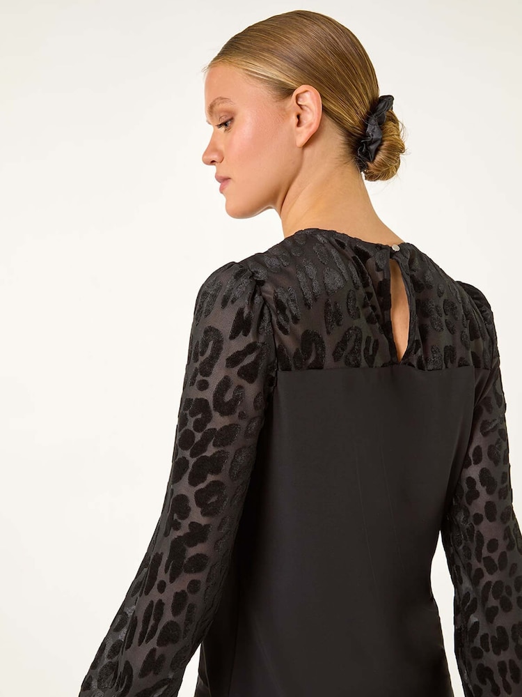 Roman Black Animal Print Velvet Puff Sleeves Jersey Top - Image 2 of 5