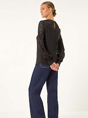 Roman Black Animal Print Velvet Puff Sleeves Jersey Top - Image 3 of 5