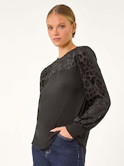 Roman Black Animal Print Velvet Puff Sleeves Jersey Top - Image 4 of 5