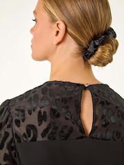 Roman Black Animal Print Velvet Puff Sleeves Jersey Top - Image 5 of 5