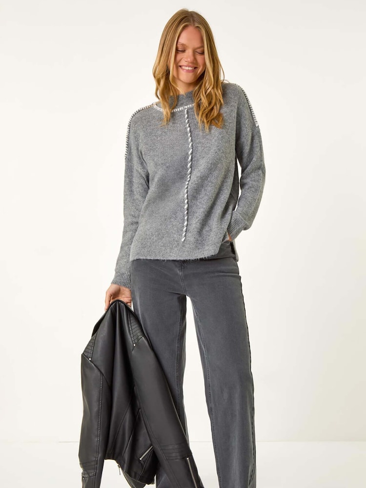 Roman Grey Seam Detail Funnel Neck Jumper - Image 1 of 5