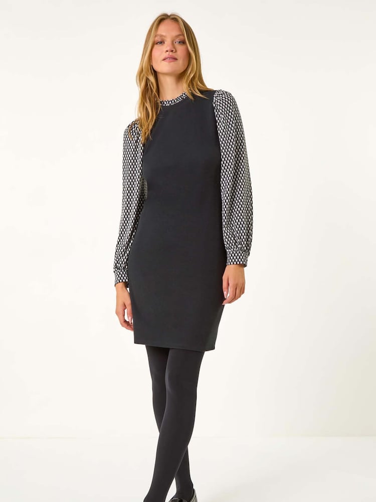 Roman Black Geometric Contrast Knit Dress - Image 1 of 5