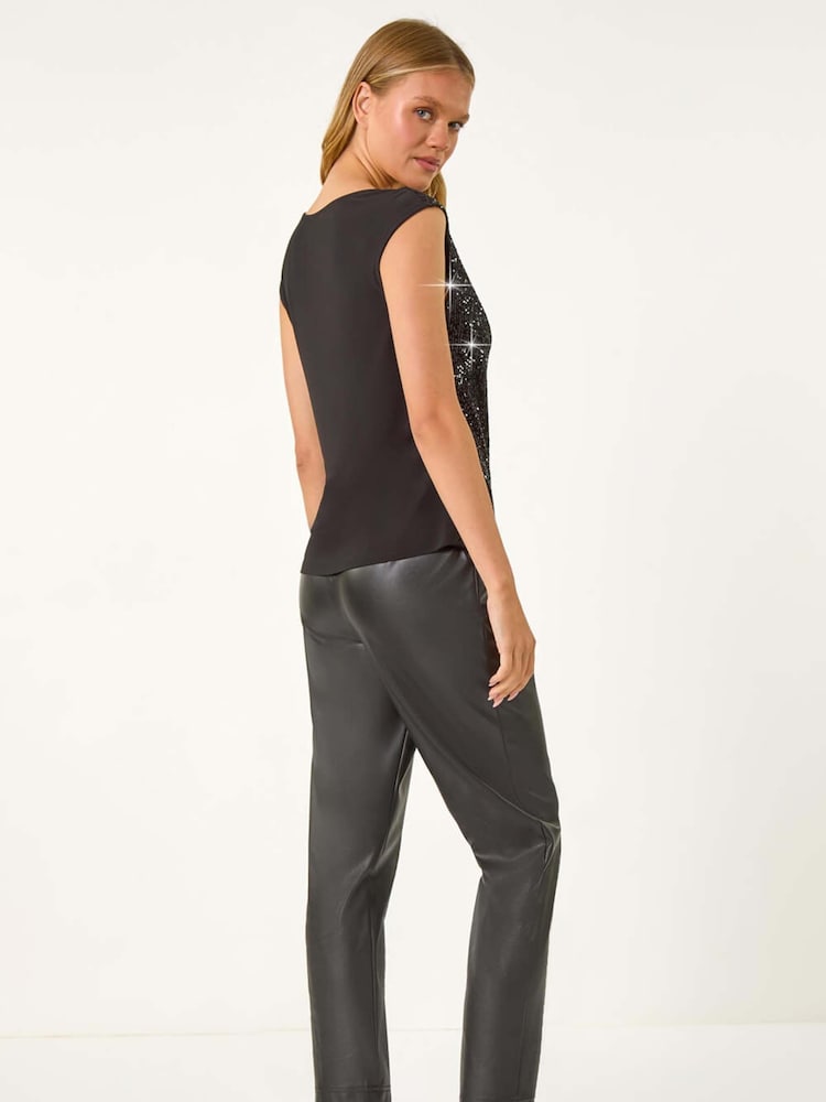 Roman Black Sequin Cowl Neck Stretch Jersey Top - Image 3 of 5