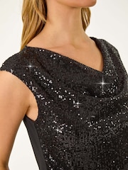 Roman Black Sequin Cowl Neck Stretch Jersey Top - Image 5 of 5