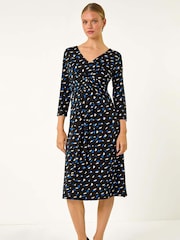Roman Blue Geo Print Stretch Midi Dress - Image 3 of 6