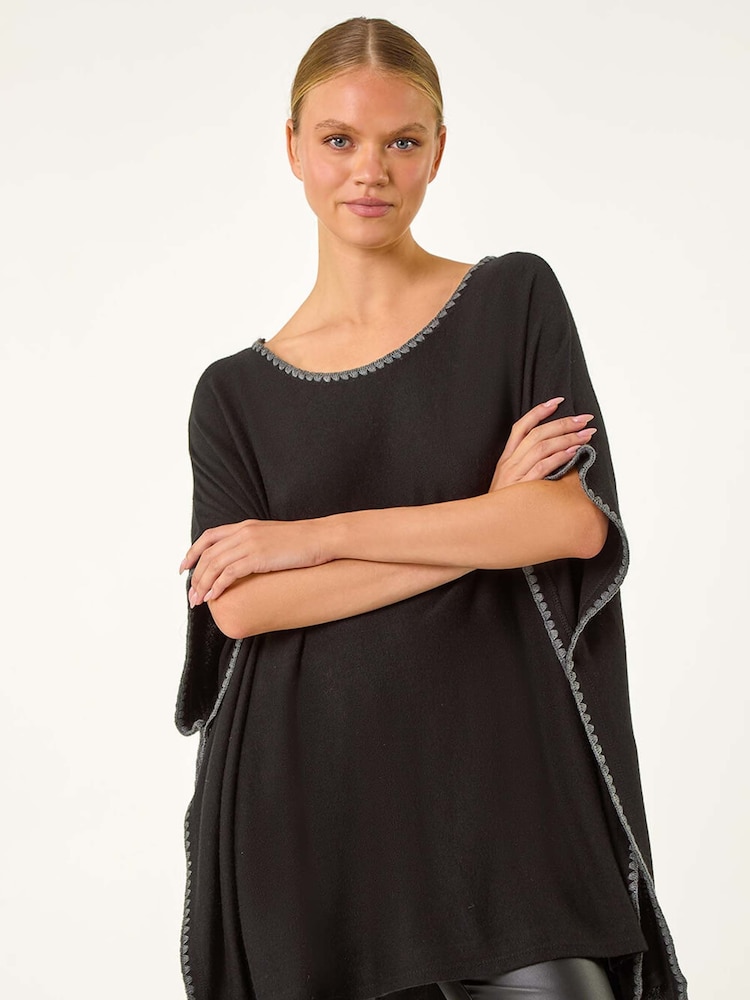 Roman Black Blanket Stitch Knit Poncho - Image 1 of 5