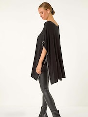Roman Black Blanket Stitch Knit Poncho - Image 2 of 5