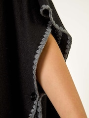 Roman Black Blanket Stitch Knit Poncho - Image 5 of 5