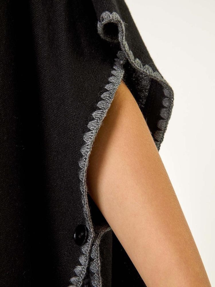 Roman Black Blanket Stitch Knit Poncho - Image 5 of 5