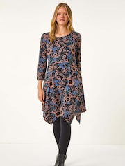 Roman Blue Floral Print Hanky Hem Stretch Dress - Image 2 of 5