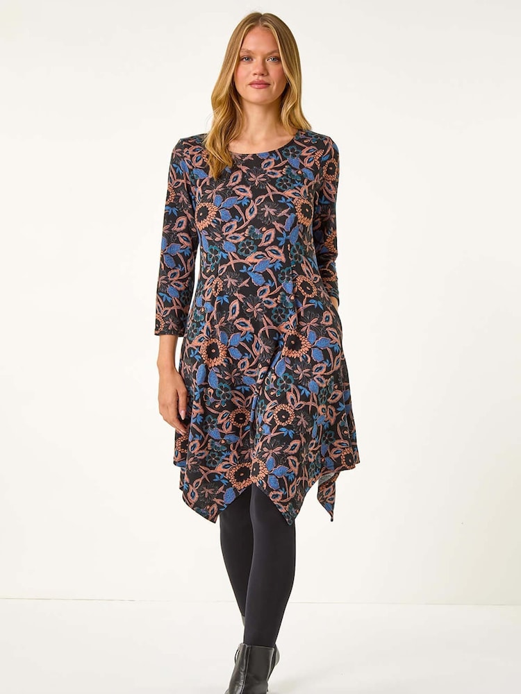 Roman Blue Floral Print Hanky Hem Stretch Dress - Image 2 of 5