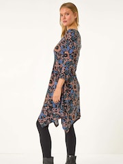 Roman Blue Floral Print Hanky Hem Stretch Dress - Image 3 of 5